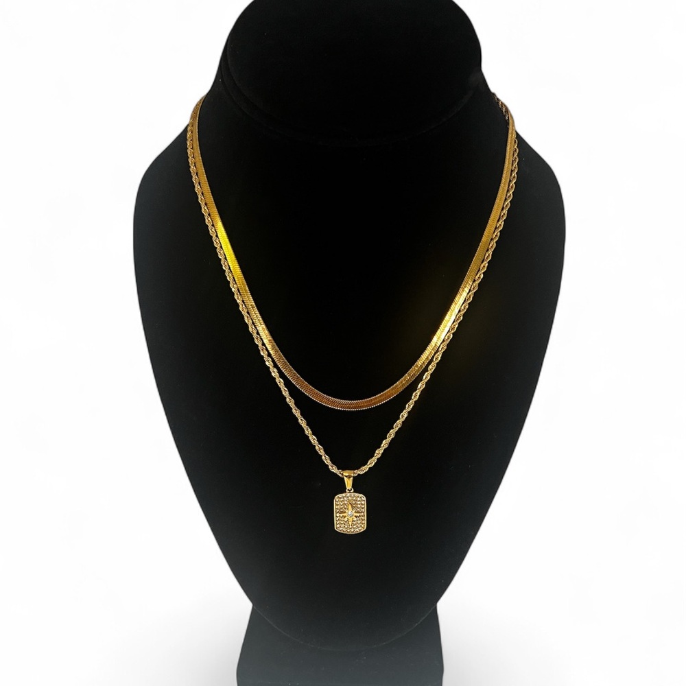 NEW 18K GOLD PLATED LUX SET “DIVINE ALIGNMENT” – HERRINGBONE + ROPE + CHARM